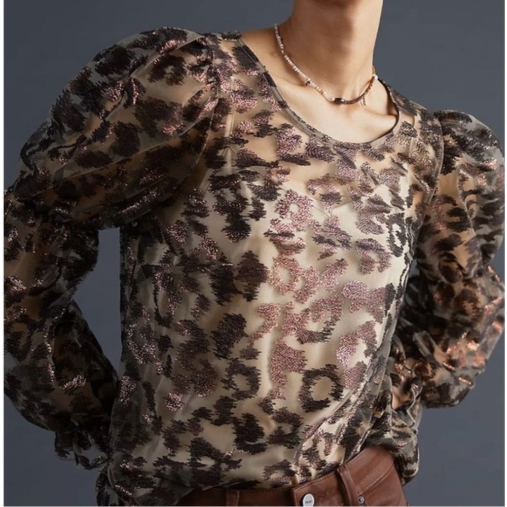 Eva Franco Leopard Mesh Puff Sleeve Top Womens Medium Sheer Statement Blouse - Picture 2 of 16